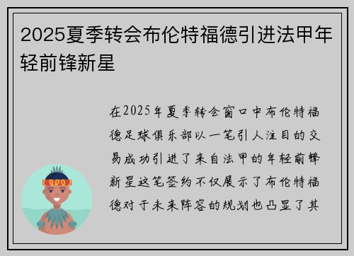 2025夏季转会布伦特福德引进法甲年轻前锋新星 2025夏季转会布伦特福德引进法甲年轻前锋新星