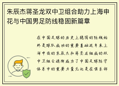 朱辰杰蒋圣龙双中卫组合助力上海申花与中国男足防线稳固新篇章 朱辰杰蒋圣龙双中卫组合助力上海申花与中国男足防线稳固新篇章